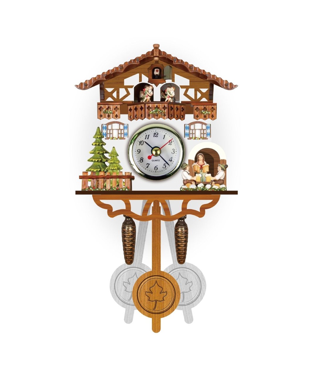 Horloge à coucou traditionnelle | Fabriquée à la main en bois de la Forêt-Noire | Design chalet avec musique et figurines
