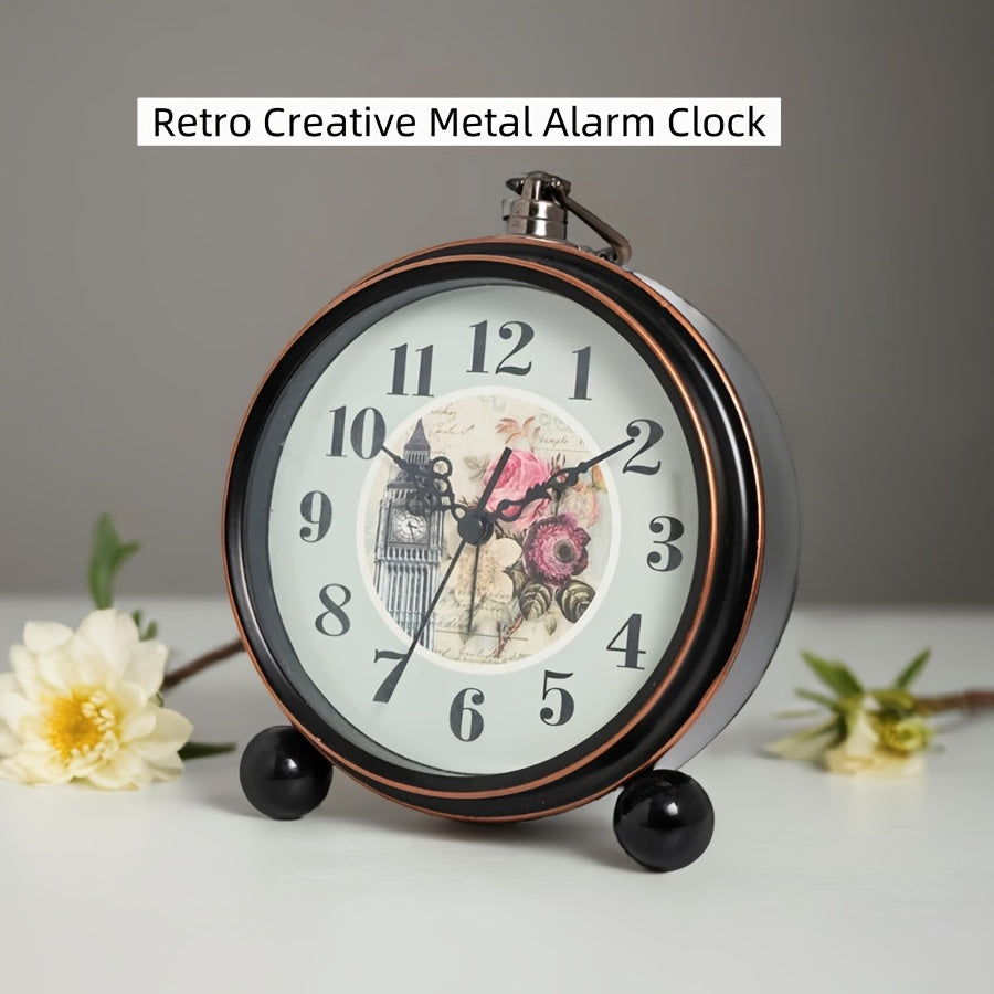 ELEGANTIME - Réveil analogique silencieux en métal vintage européen avec grand affichage