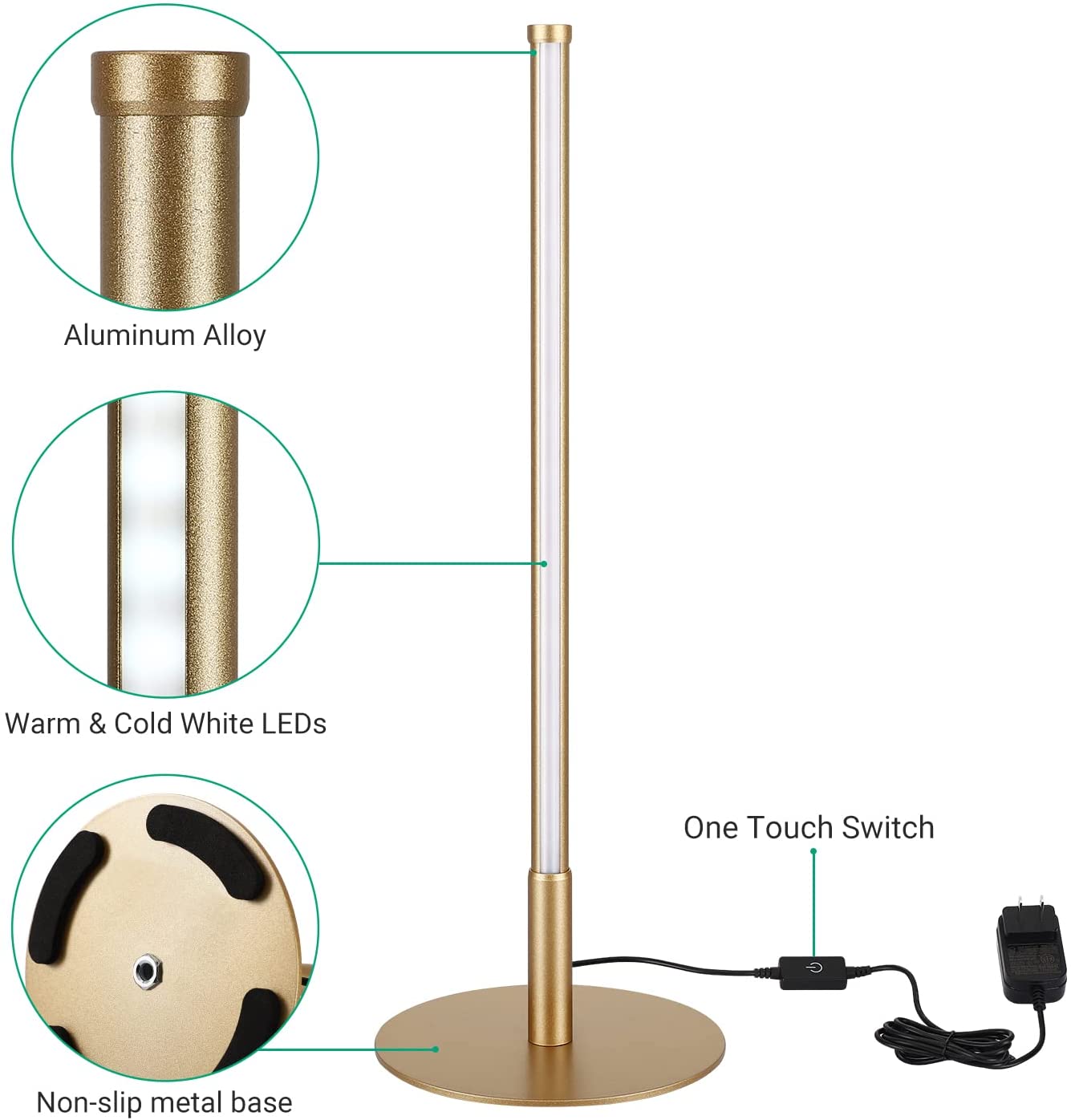 Lampe de table LED dorée avec touche et 3 températures de couleur
