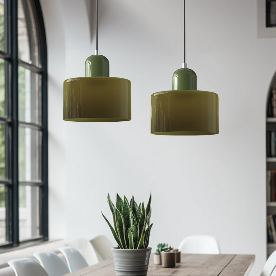 Tusa – Lampe suspendue rétro avec abat-jour en verre orange et dessus vert