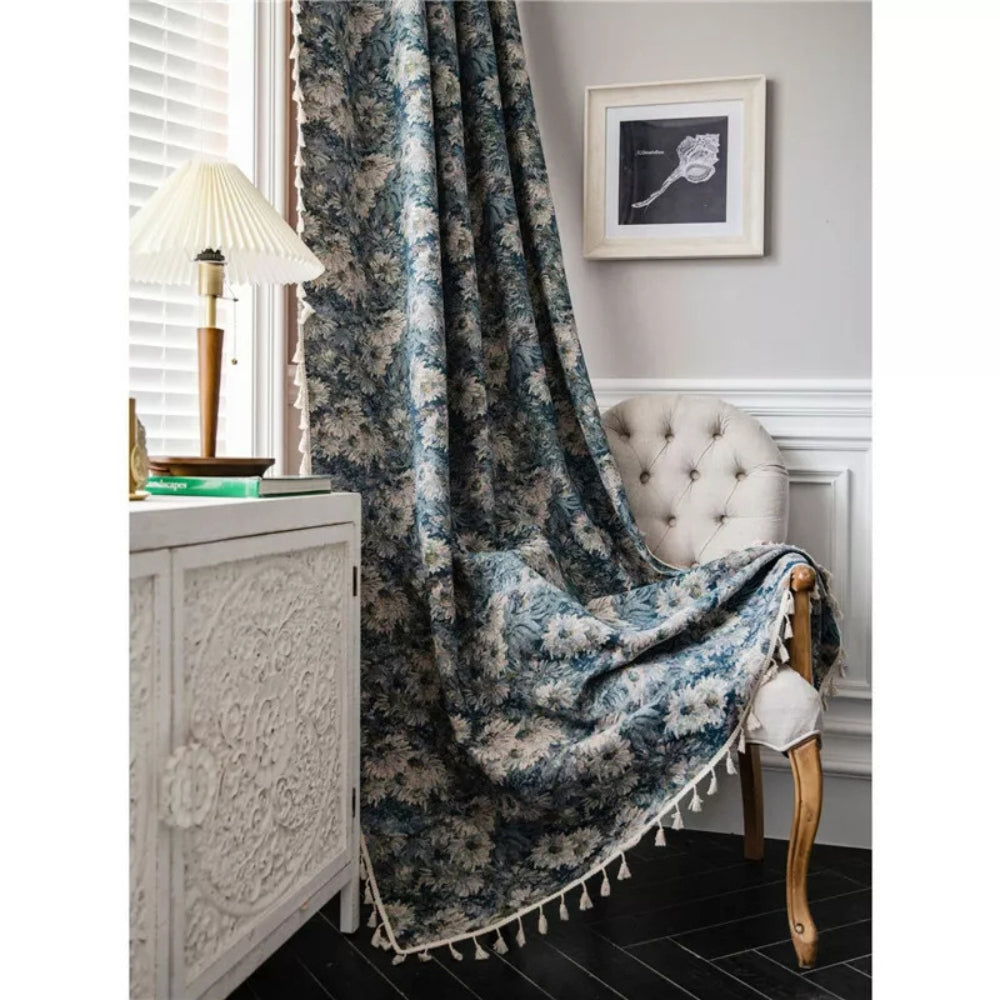 Rideaux à franges floraux navy