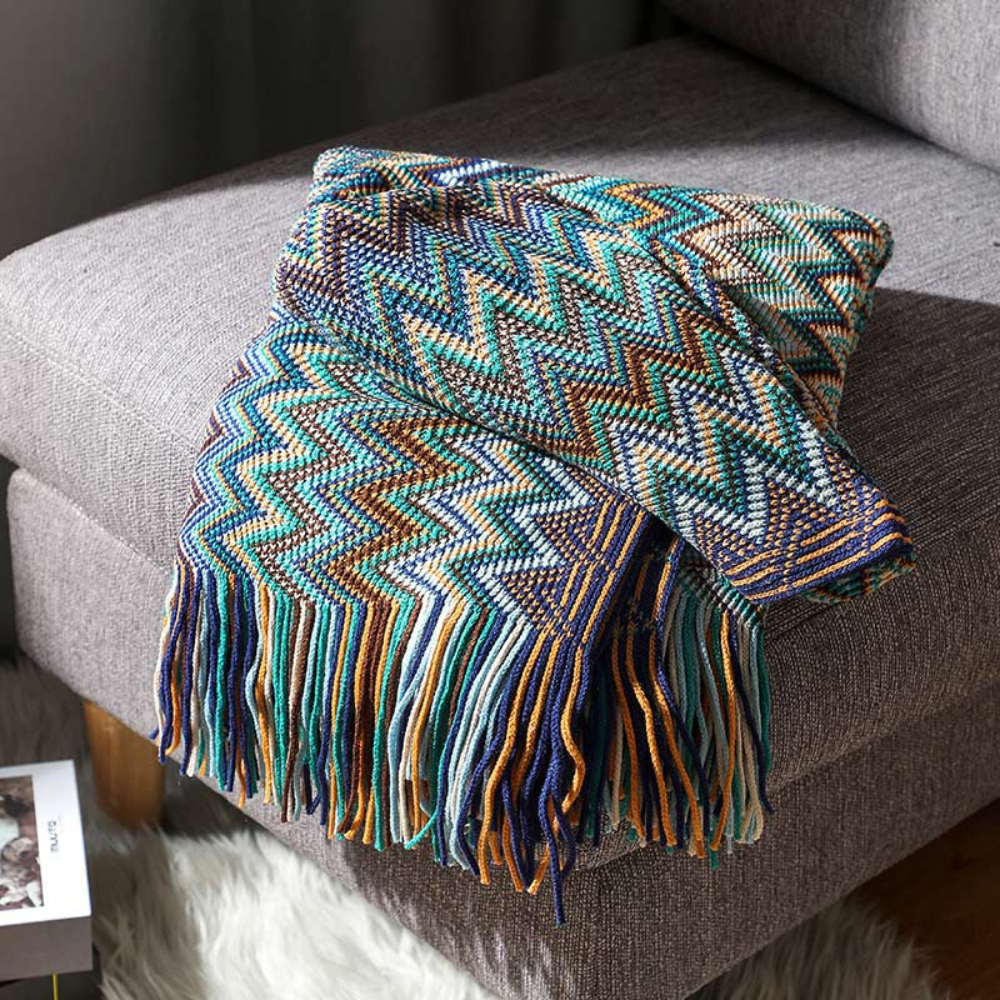 Couverture Tricotée à Franges Zigzag Multicolore