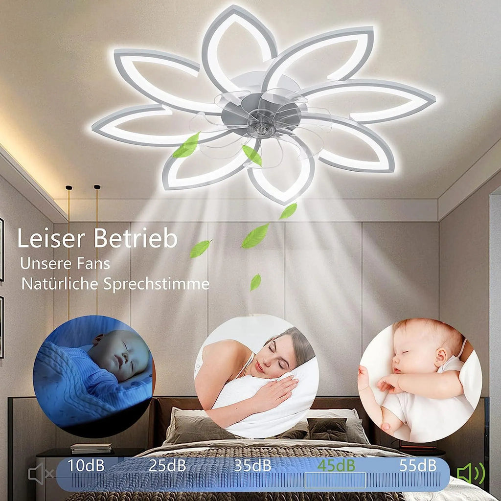 Ventilateur de plafond LED moderne avec motif floral et télécommande
