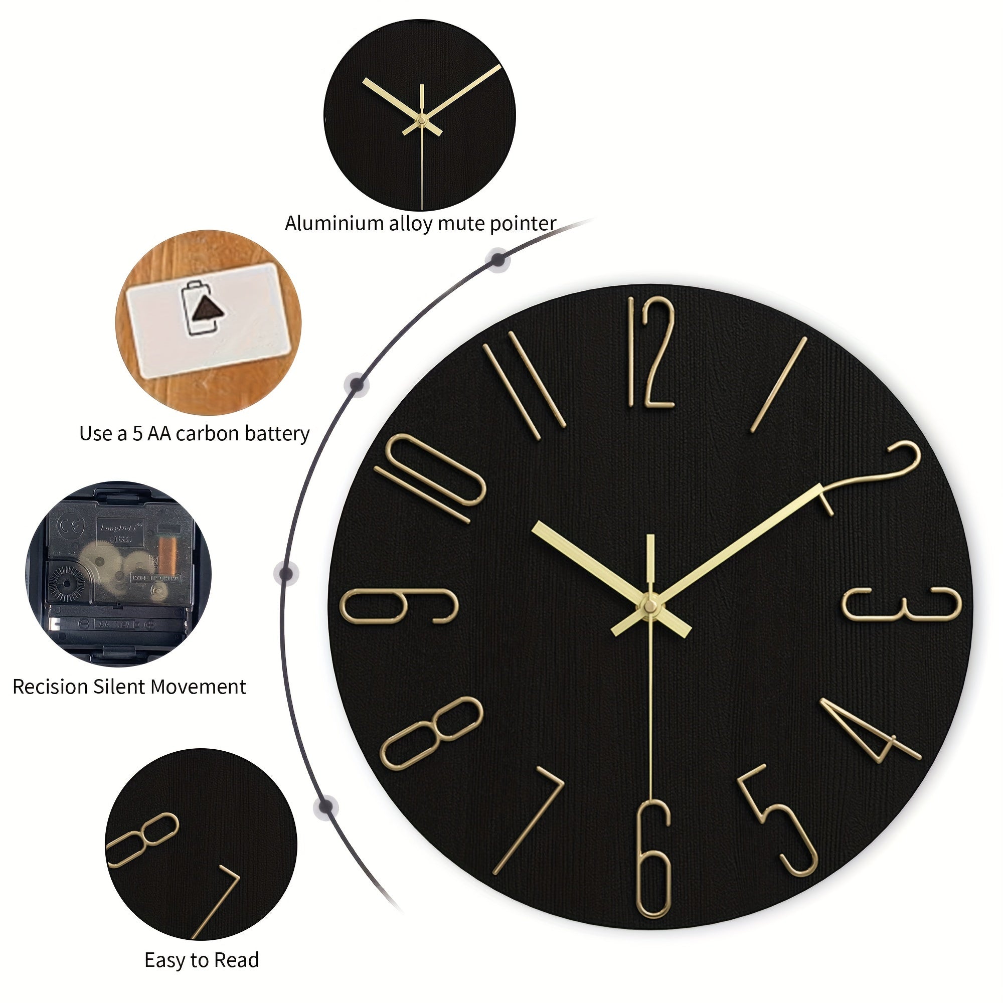 LUMINAIR - Horloge Murale Ronde Moderne Minimaliste Design Sans Bord Noir & Or