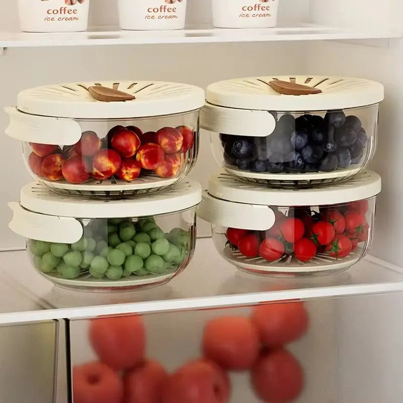 Essoreuse à salade avec couvercle et poignée | Laver, égoutter et conserver des fruits et légumes dans un seul récipient | Des feuilles croquantes restent fraîches | Blanc/Marron