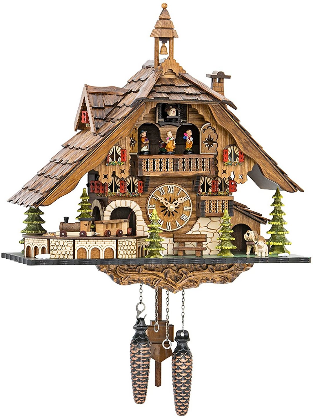 Horloge à coucou traditionnelle | Fabriquée à la main en bois de la Forêt-Noire | Design chalet avec musique et figurines
