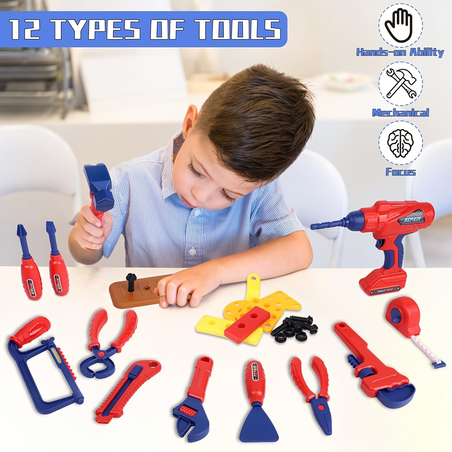 Ensemble d'outils de 48 pièces pour enfants – Avec perceuse électrique, casque de sécurité et sac de rangement