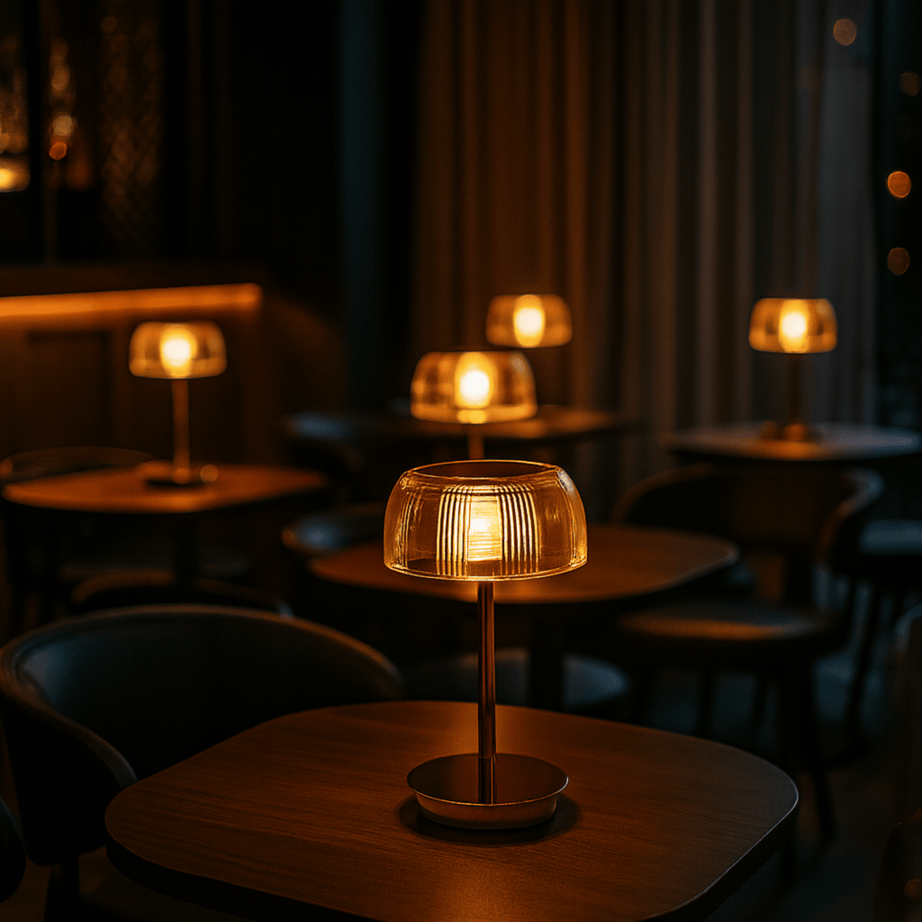 Lampe de table avec un abat-jour en dôme strié et un pied élancé