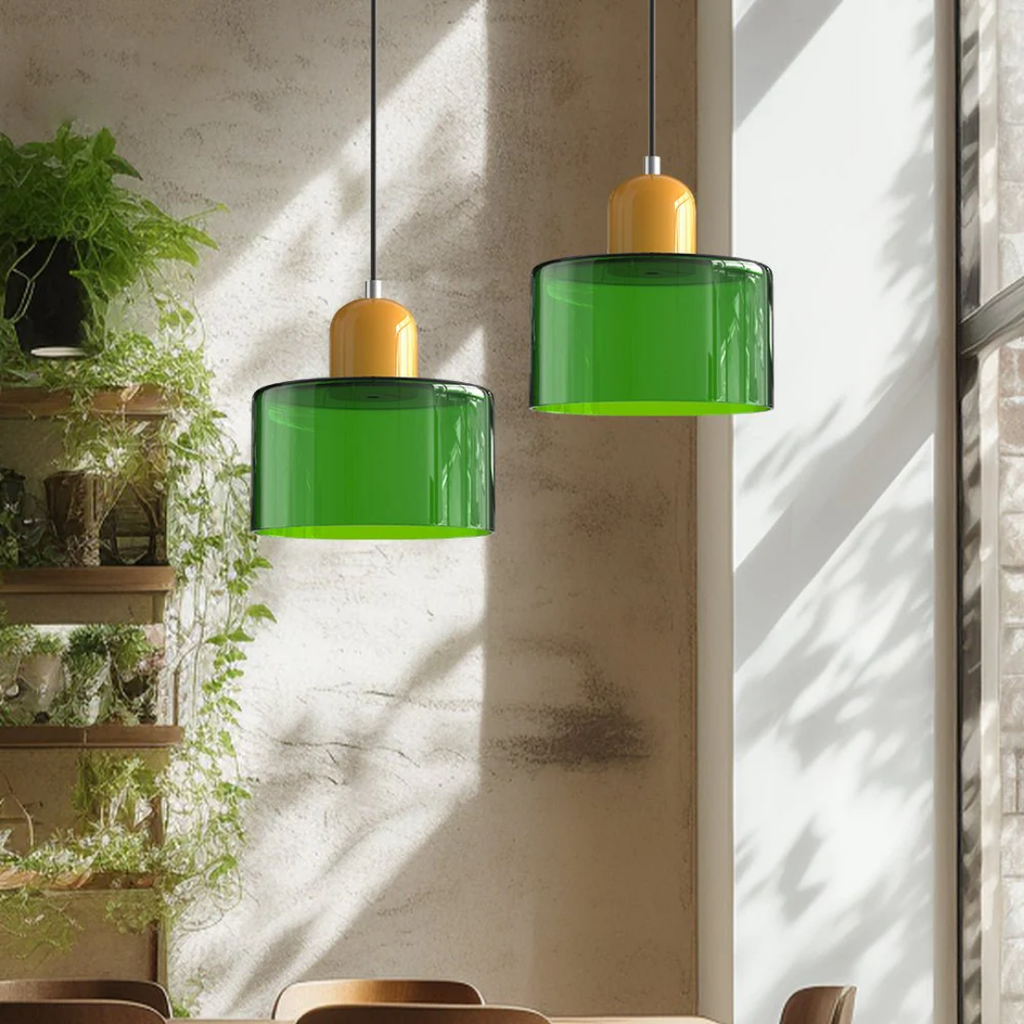 Tusa – Lampe suspendue rétro avec abat-jour en verre orange et dessus vert