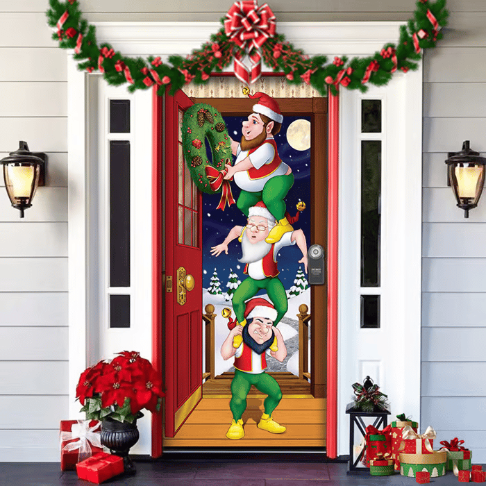 Décoration de porte de Noël avec le Père Noël | Couverture de porte en tissu | Montage rapide & réutilisable