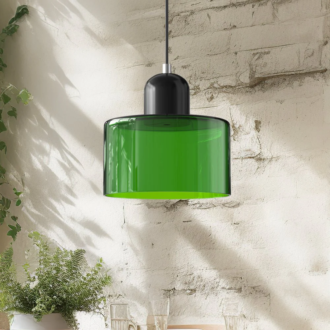 Tusa – Lampe suspendue rétro avec abat-jour en verre orange et dessus vert