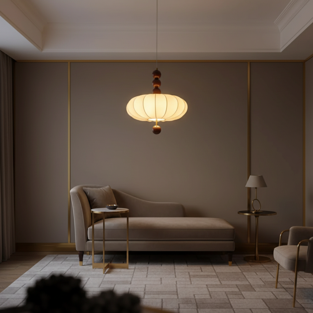 Voile d'Ivoire | Élégant Luminaire Suspendu en Tissu Japandi Mi-Siècle
