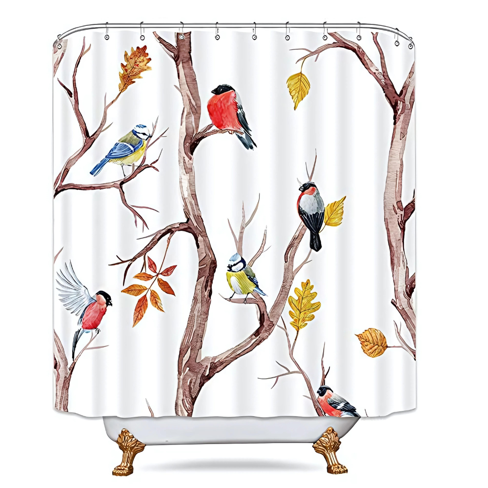 Rideau de Douche en Style Naturel avec Oiseaux et Branches d'Arbre