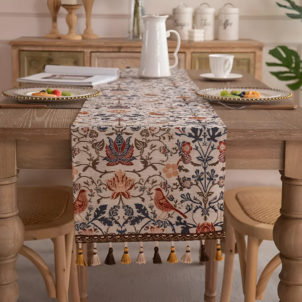Chemin de Table Jacquard Vintage Floral & Oiseau
