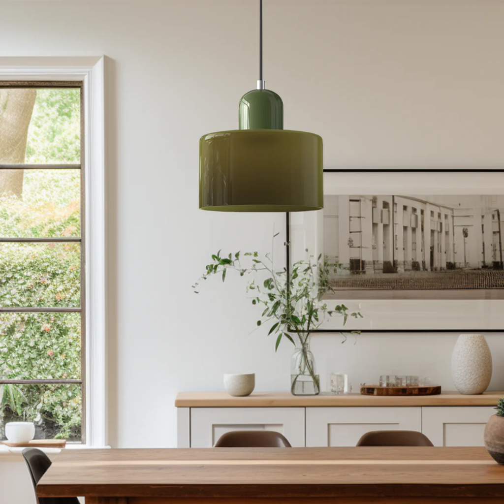 Tusa – Lampe suspendue rétro avec abat-jour en verre orange et dessus vert
