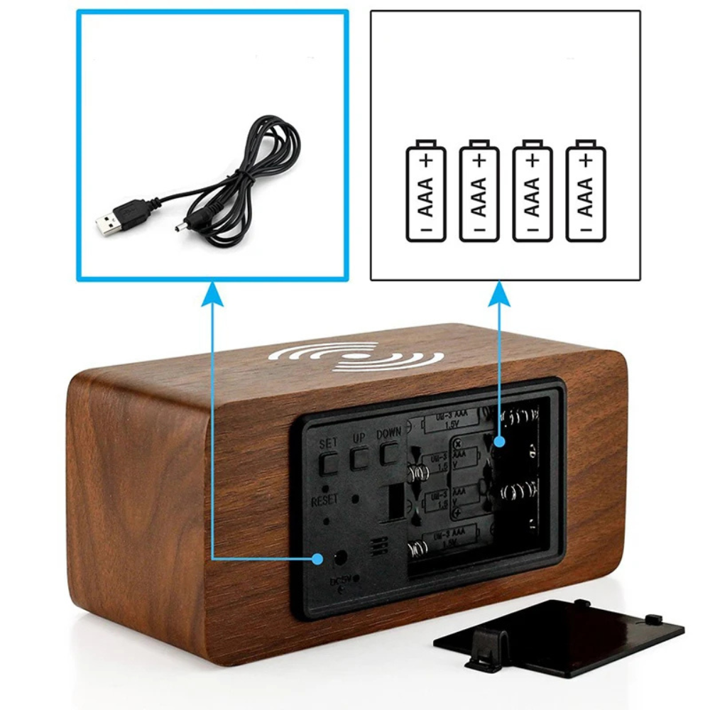 Réveil Numérique en Bois Élégant avec Charge Sans Fil et Activation Vocale