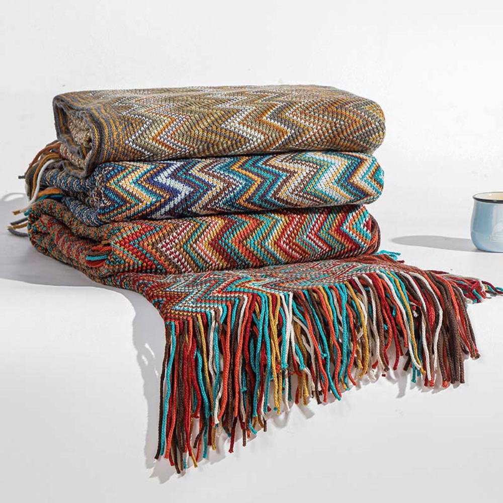 Couverture Tricotée à Franges Zigzag Multicolore