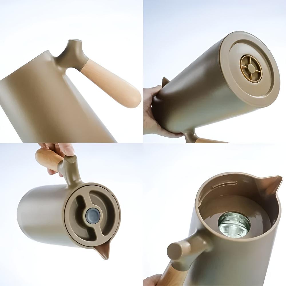 Thermos avec poignée en bois et insert en verre – 1 litre