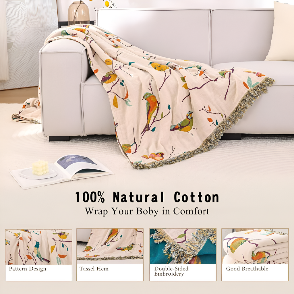 Couverture en Coton avec Franges Oiseau Fantaisie