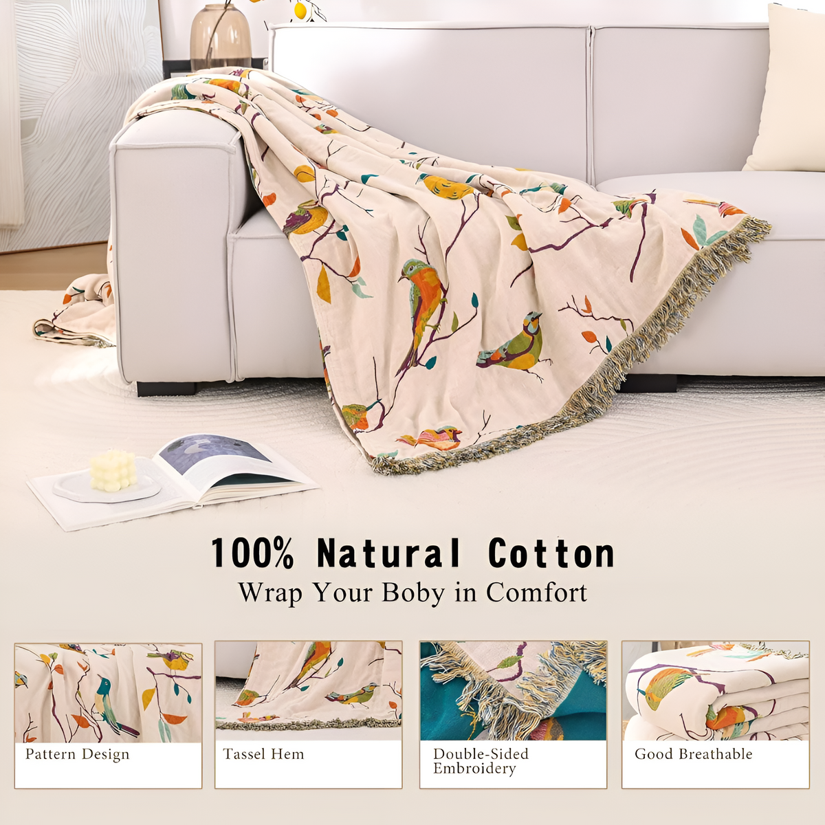 Couverture en Coton avec Franges Oiseau Fantaisie