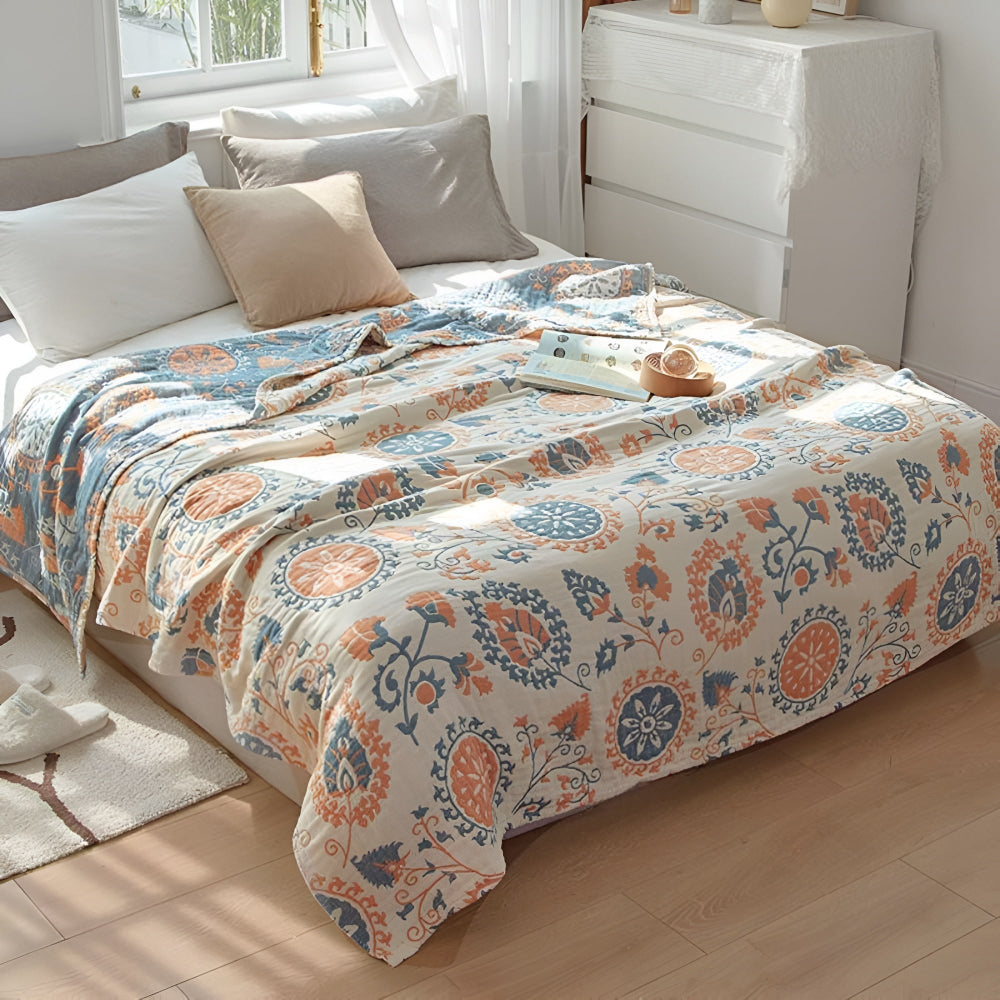 Couverture Réversible en Coton Floral Rustique