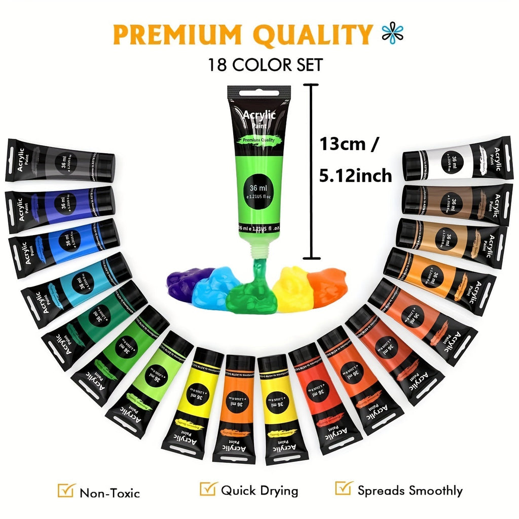 Set de Peinture Acrylique – 28 Pièces, Comprend 18 Couleurs de Peinture Acrylique et 10 Pinceaux
