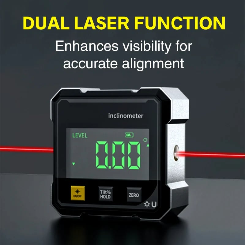 Niveau à bulle numérique & rapporteur | Mesures d'angle précises au laser pour travaux de menuiserie, toiture & carrelage | Avec écran rétroéclairé + pied magnétique | Rechargeable