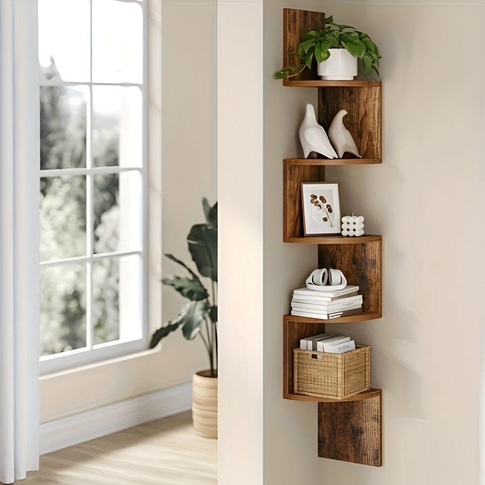 Étagère d'angle en bois – Étagère murale rustique à 5 niveaux pour le rangement