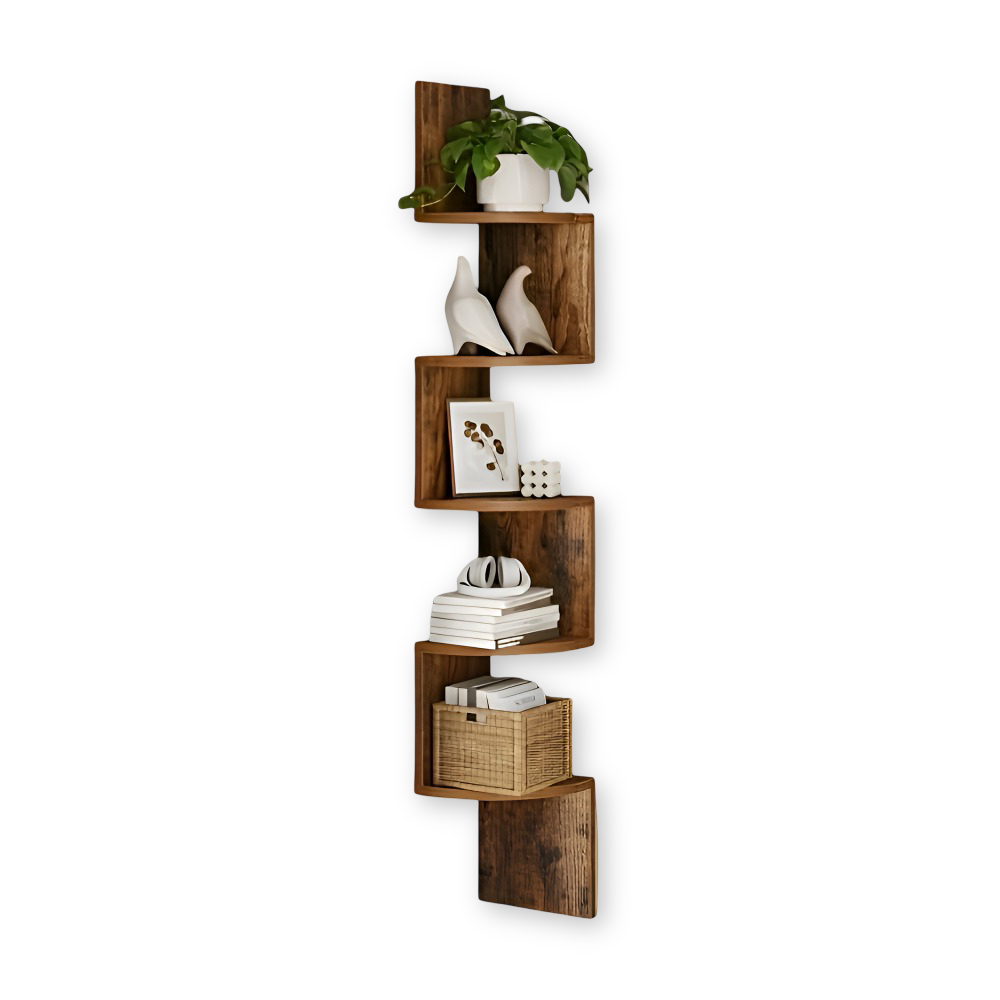 Étagère d'angle en bois – Étagère murale rustique à 5 niveaux pour le rangement
