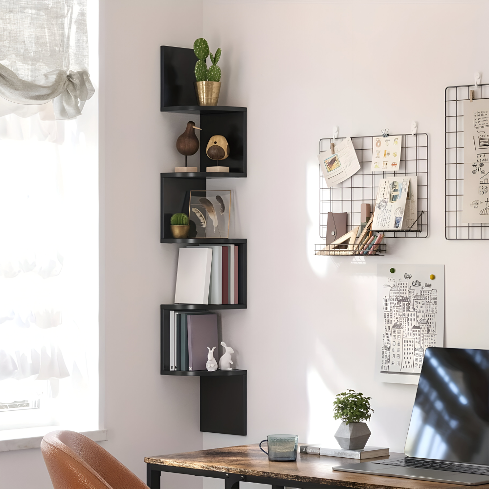 Étagère d'angle en bois – Étagère murale rustique à 5 niveaux pour le rangement