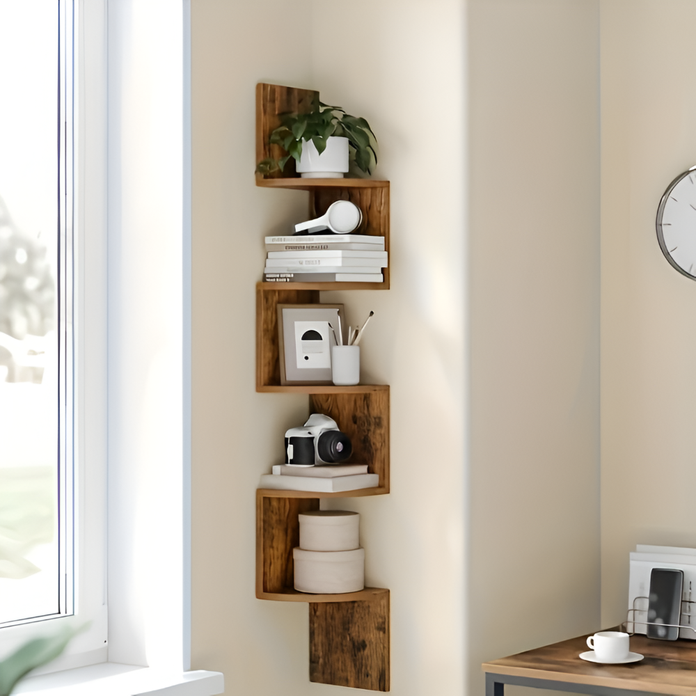 Étagère d'angle en bois – Étagère murale rustique à 5 niveaux pour le rangement