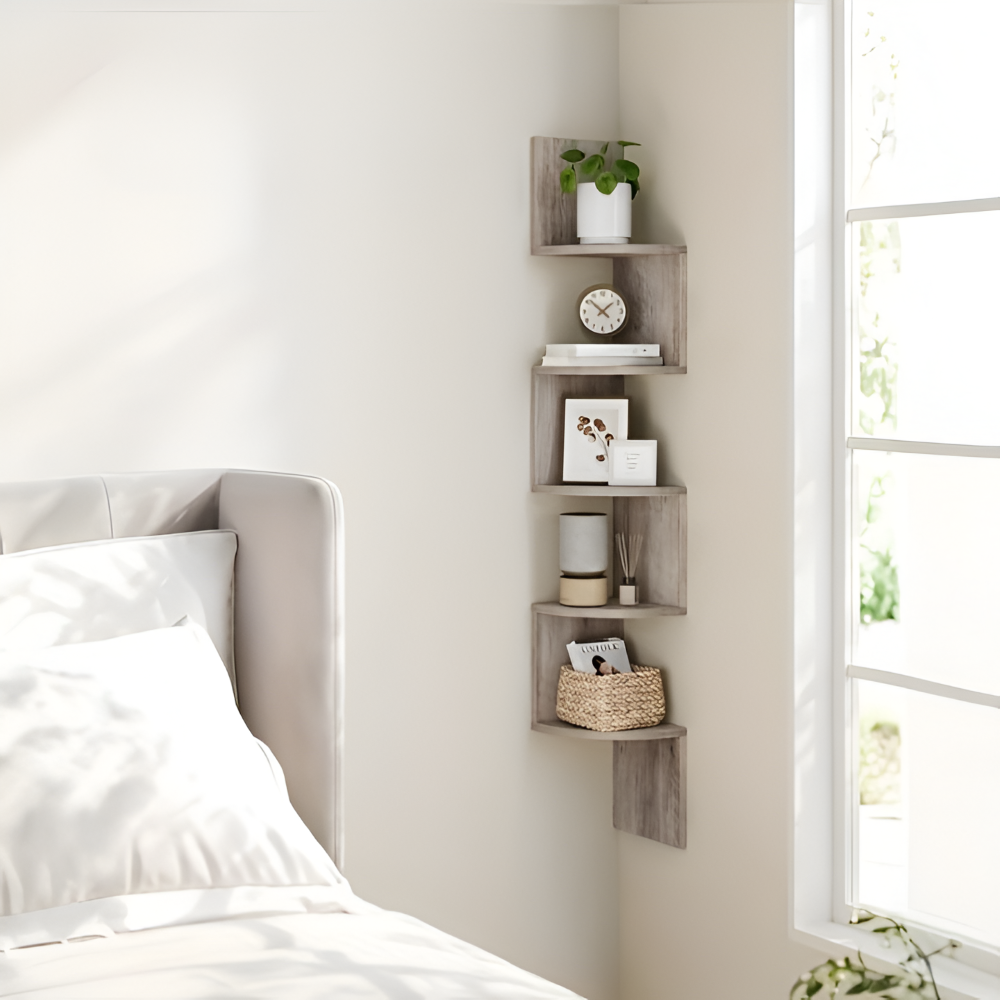 Étagère d'angle en bois – Étagère murale rustique à 5 niveaux pour le rangement