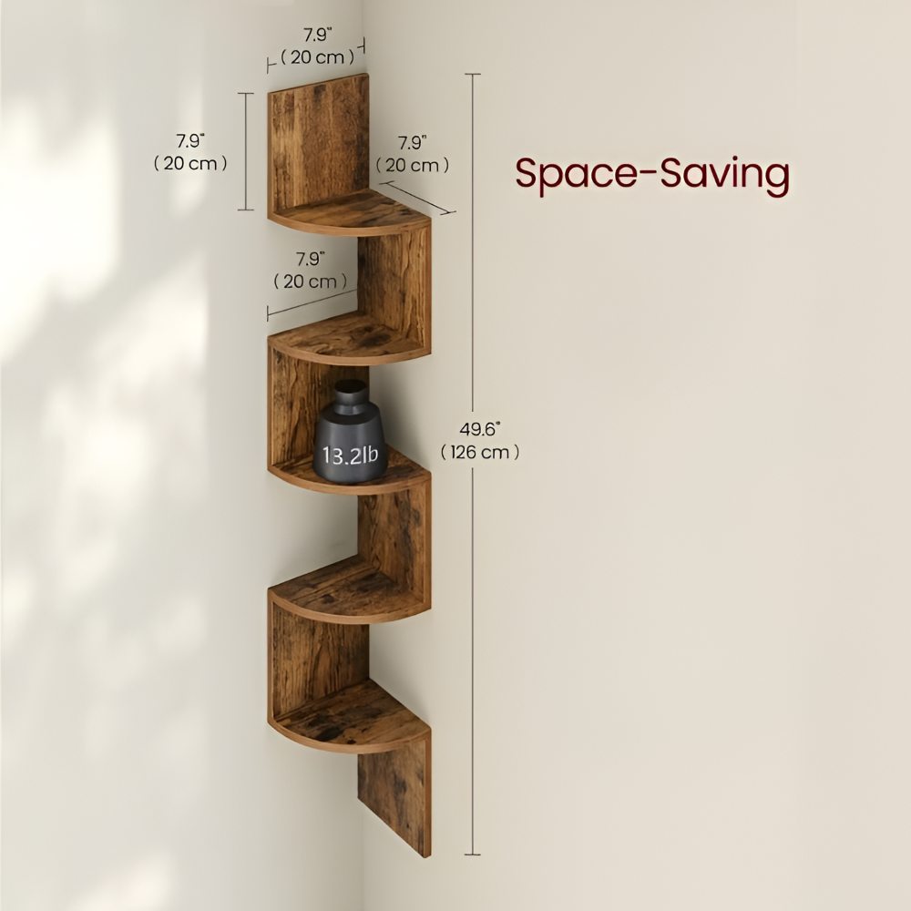 Étagère d'angle en bois – Étagère murale rustique à 5 niveaux pour le rangement
