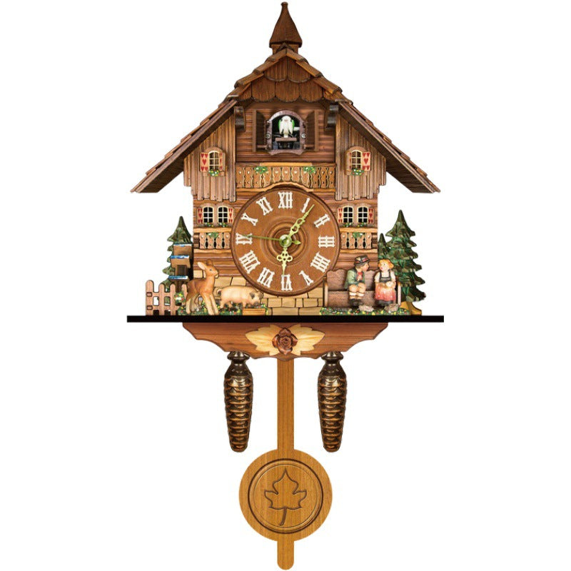 Horloge à coucou traditionnelle | Fabriquée à la main en bois de la Forêt-Noire | Design chalet avec musique et figurines