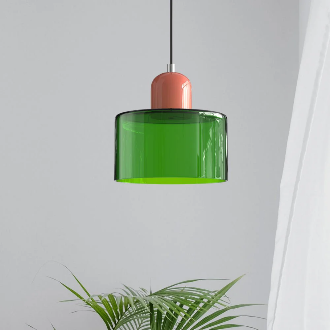 Tusa – Lampe suspendue rétro avec abat-jour en verre orange et dessus vert
