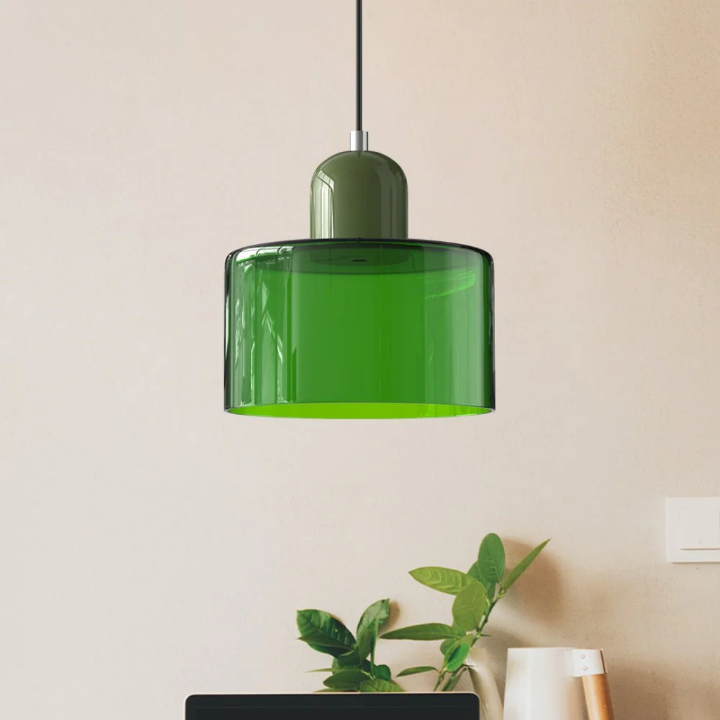 Tusa – Lampe suspendue rétro avec abat-jour en verre orange et dessus vert