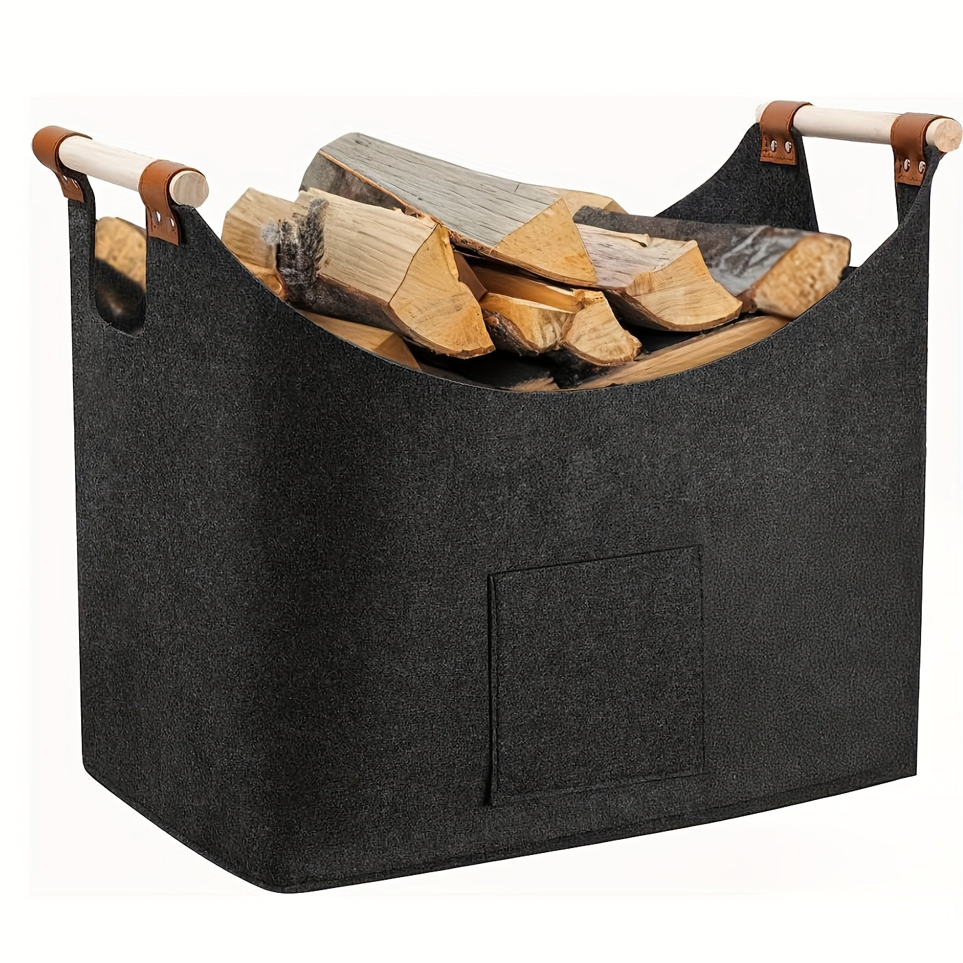 Panier à bois FELDURA | Pliable | Volume de 55L | Avec poignées en bois et détails en cuir | Gris foncé