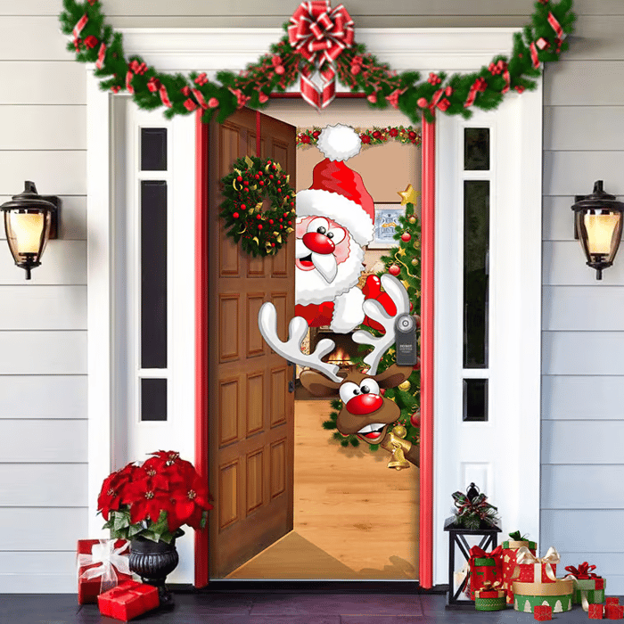 Décoration de porte de Noël avec le Père Noël | Couverture de porte en tissu | Montage rapide & réutilisable
