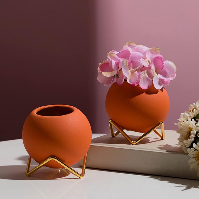 Pot de fleurs en céramique avec support en métal style nordique 10,5 cm