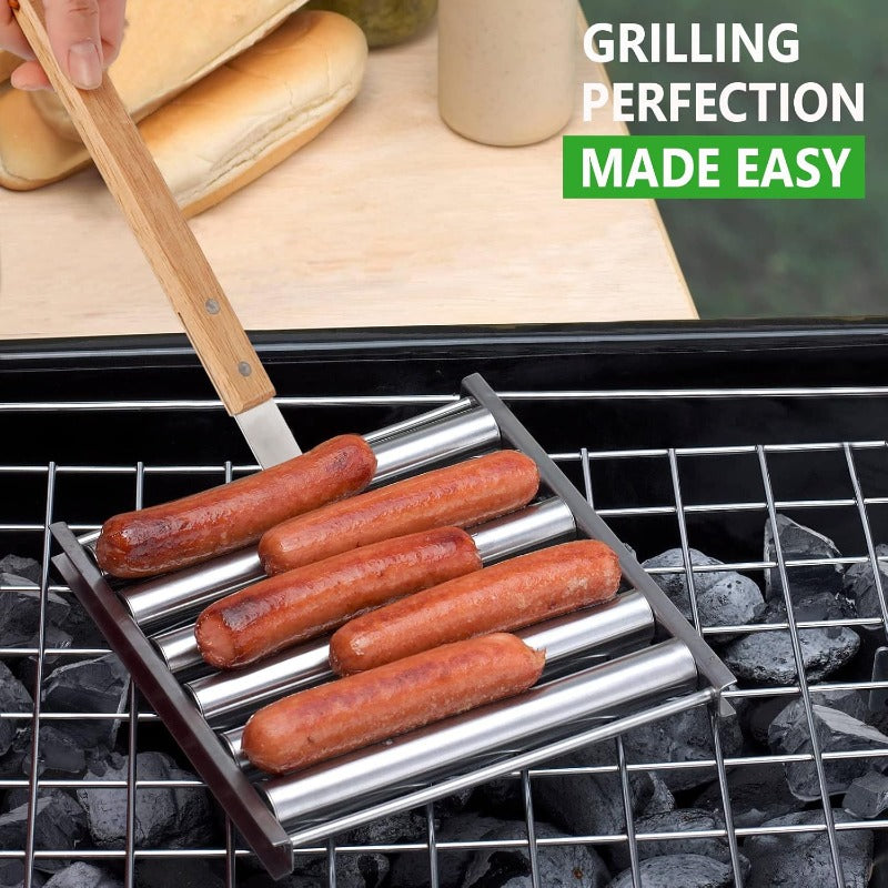 Grille à Hot Dog Rotative avec Poignée en Bois Détachable