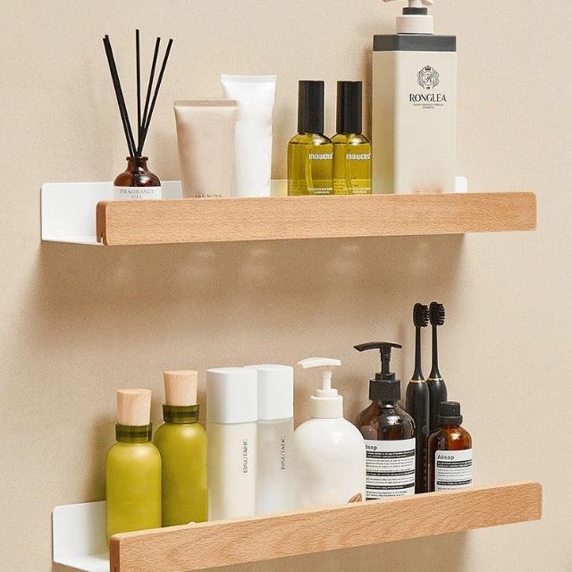Étagère de bain en bois massif auto-adhésif