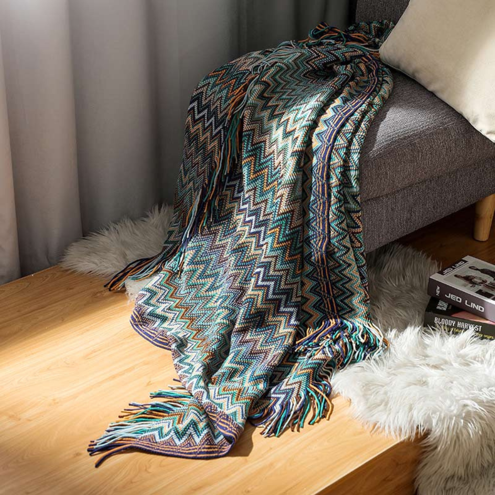 Couverture Tricotée à Franges Zigzag Multicolore