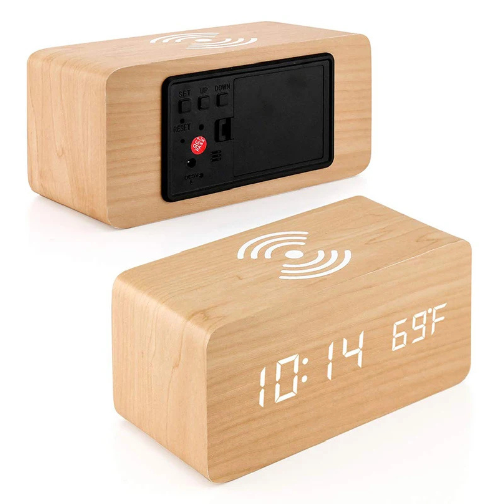 Réveil Numérique en Bois Élégant avec Charge Sans Fil et Activation Vocale