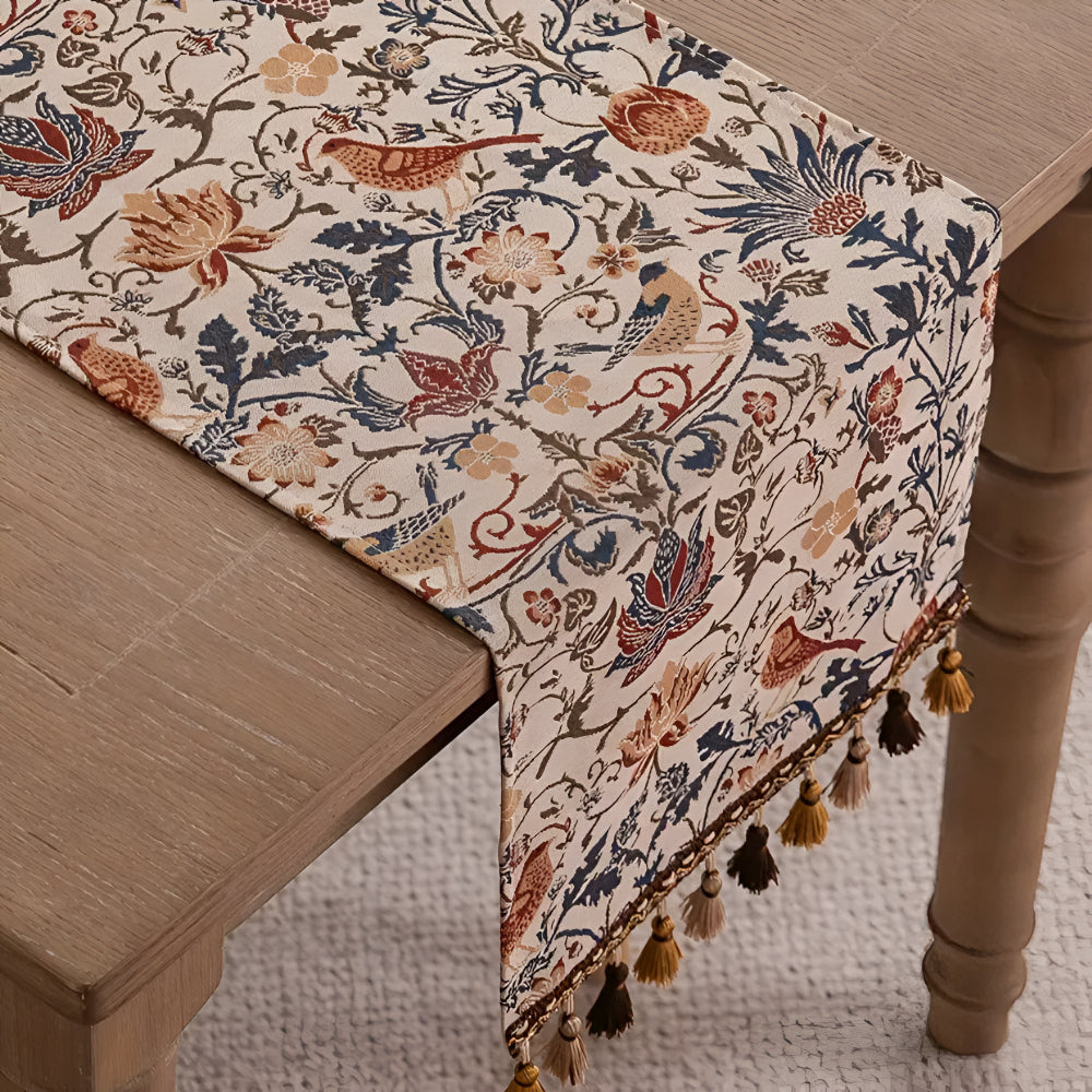 Chemin de Table Jacquard Vintage Floral & Oiseau