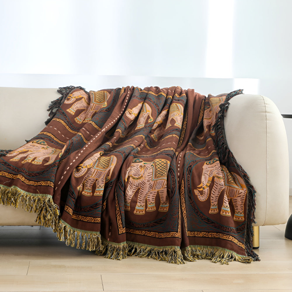 Couverture en Coton avec Franges Imprimée Éléphant Bohémien