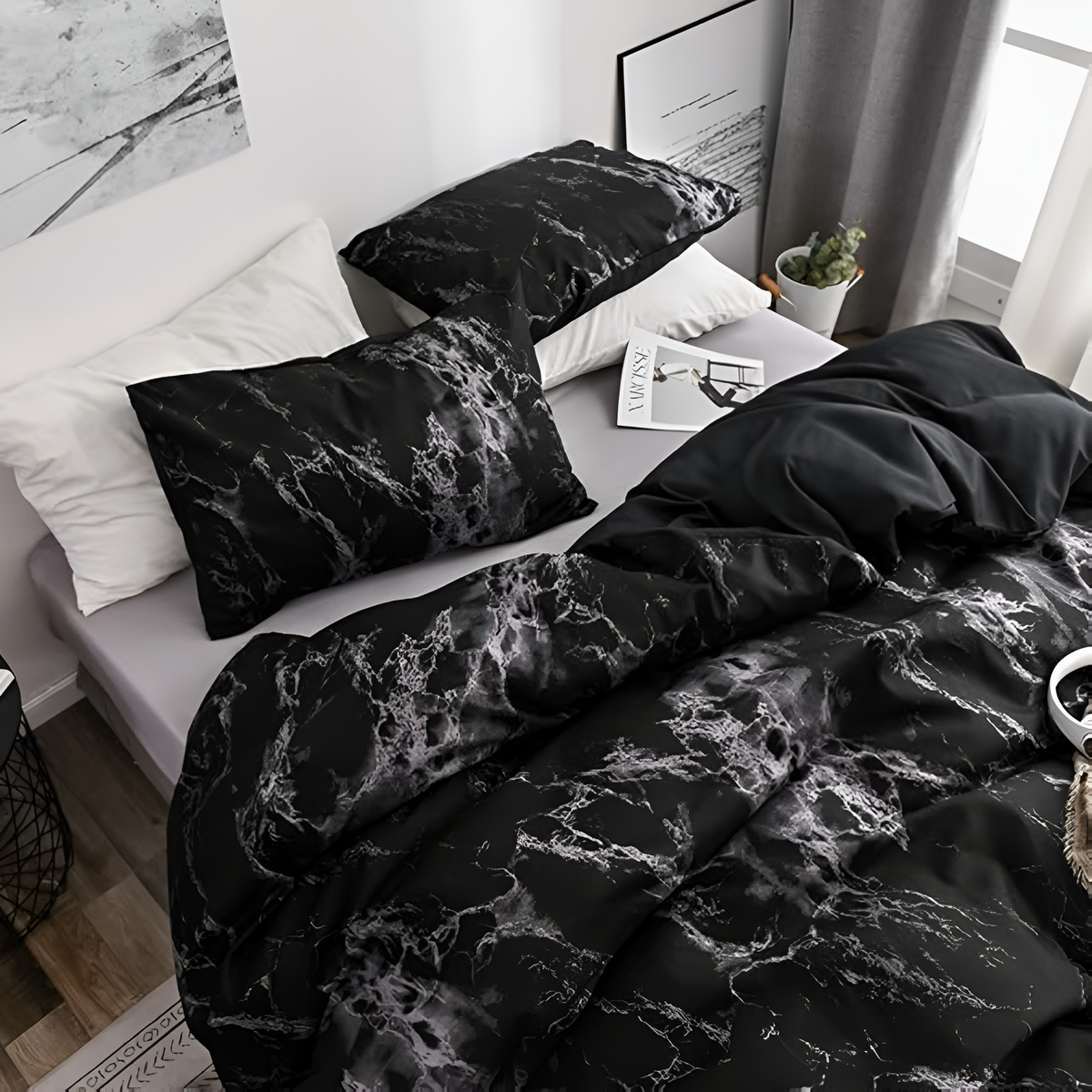 Marbre Noir Luxe | Ensemble de Housse de Couette 3 pièces