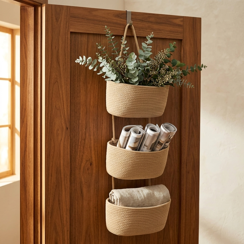 Panier de Rangement Suspendu en Coton 3 Niveaux pour Porte