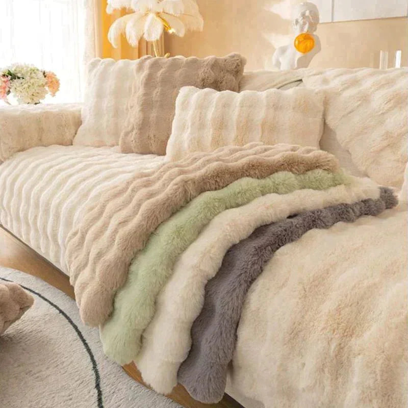 Housse de canapé en peluche | Antidérapante | Design en fourrure de lapin épaisse | Lavable & Douce