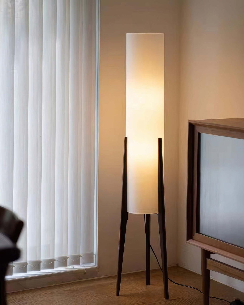 Lampe sur Pied en Bois Massif avec Abat-jour en Tissu