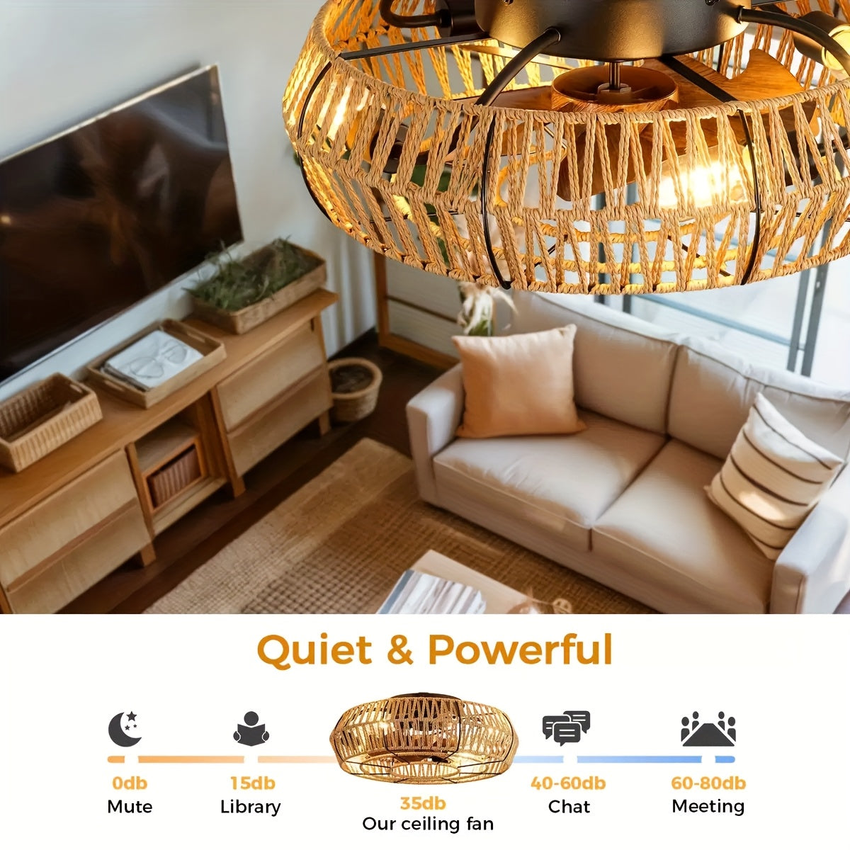 Amara ventilateur de plafond en rotin tissé à la main – un élément décoratif silencieux au style zen